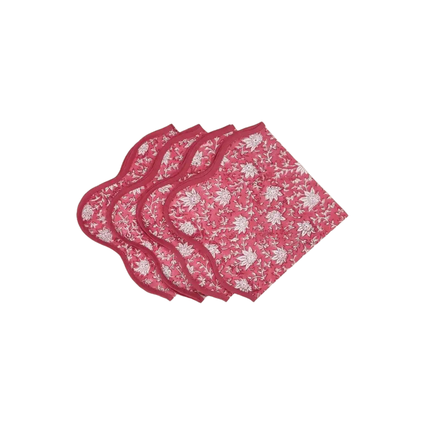 Traditional Pink Floral Block Printed Scalloped Cotton Napkins