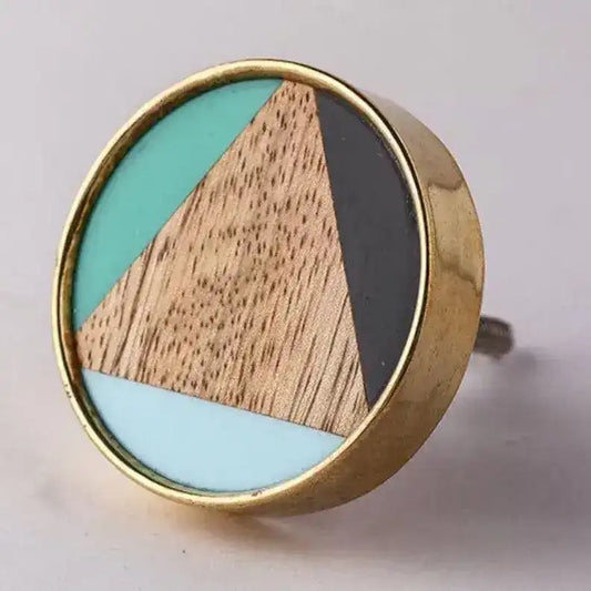 Tricolor Teal Black Natural Wood Drawer Knobs - Set of 6