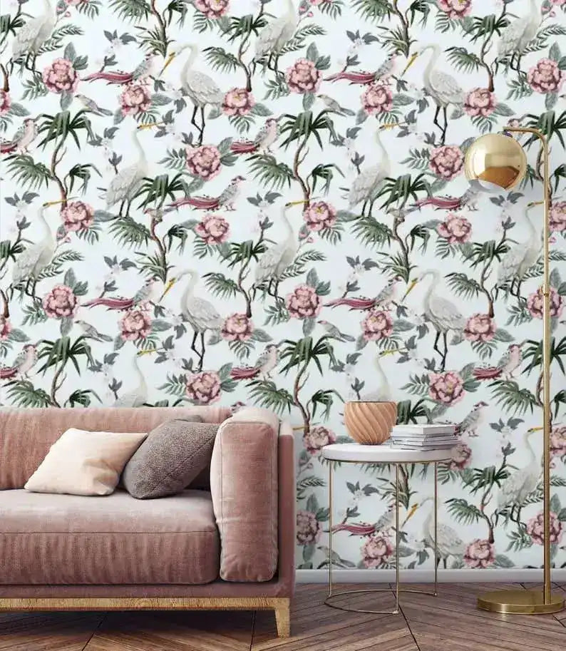 Vintage Cranes Botanical Wallpaper