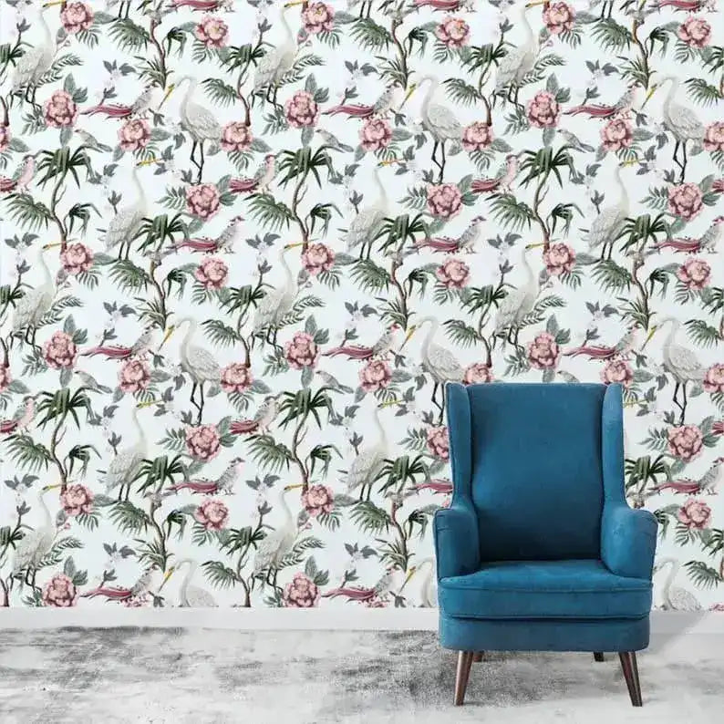 Vintage Cranes Botanical Wallpaper