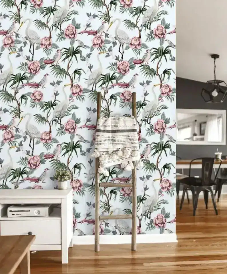 Vintage Cranes Botanical Wallpaper