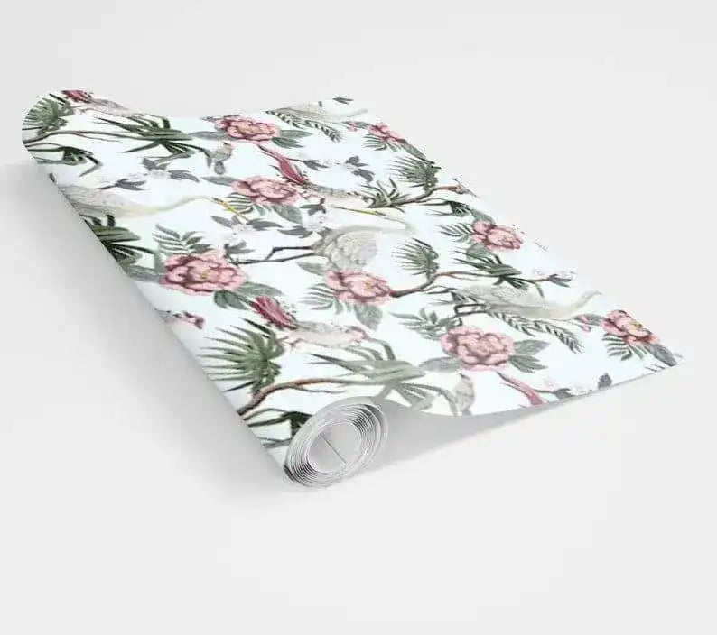 Vintage Cranes Botanical Wallpaper