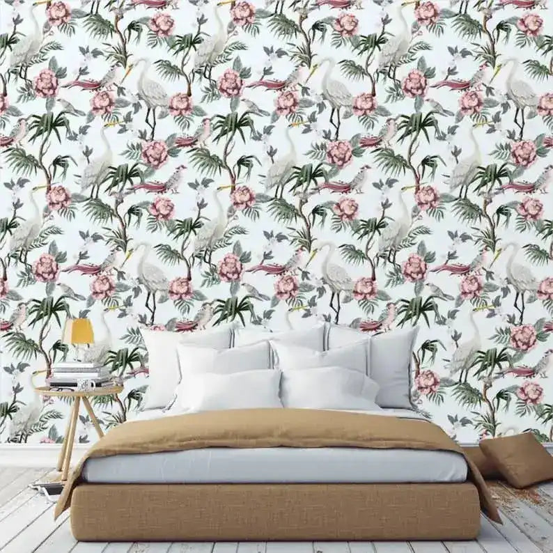 Vintage Cranes Botanical Wallpaper