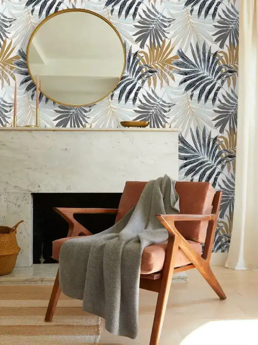 Vintage Oversized Ferns Tropical Leaves Wallpaper