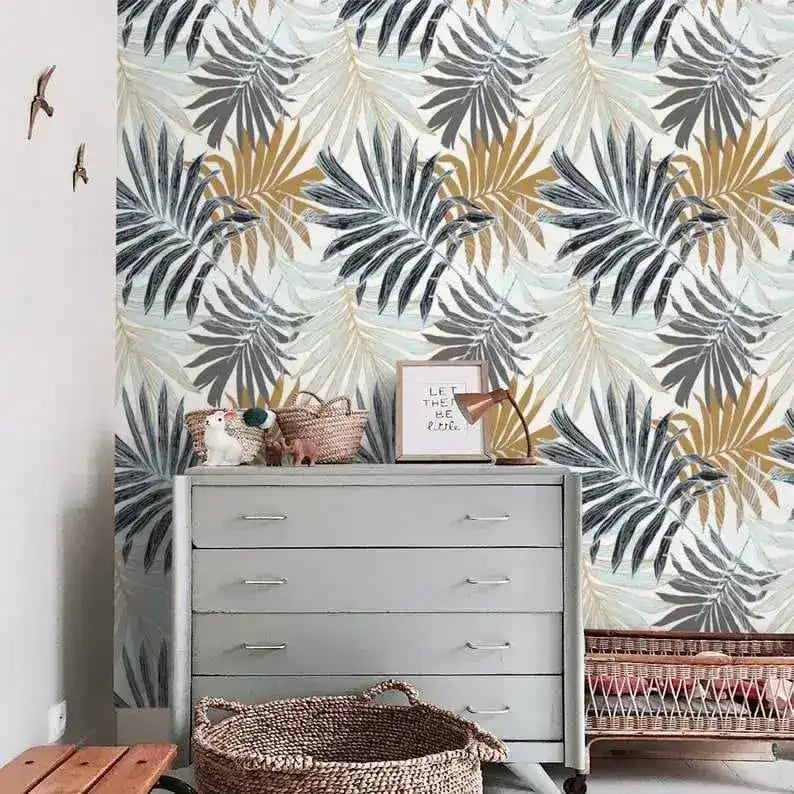 Vintage Oversized Ferns Tropical Leaves Wallpaper