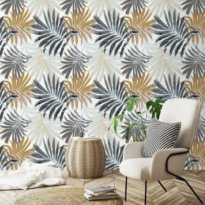 Vintage Oversized Ferns Tropical Leaves Wallpaper