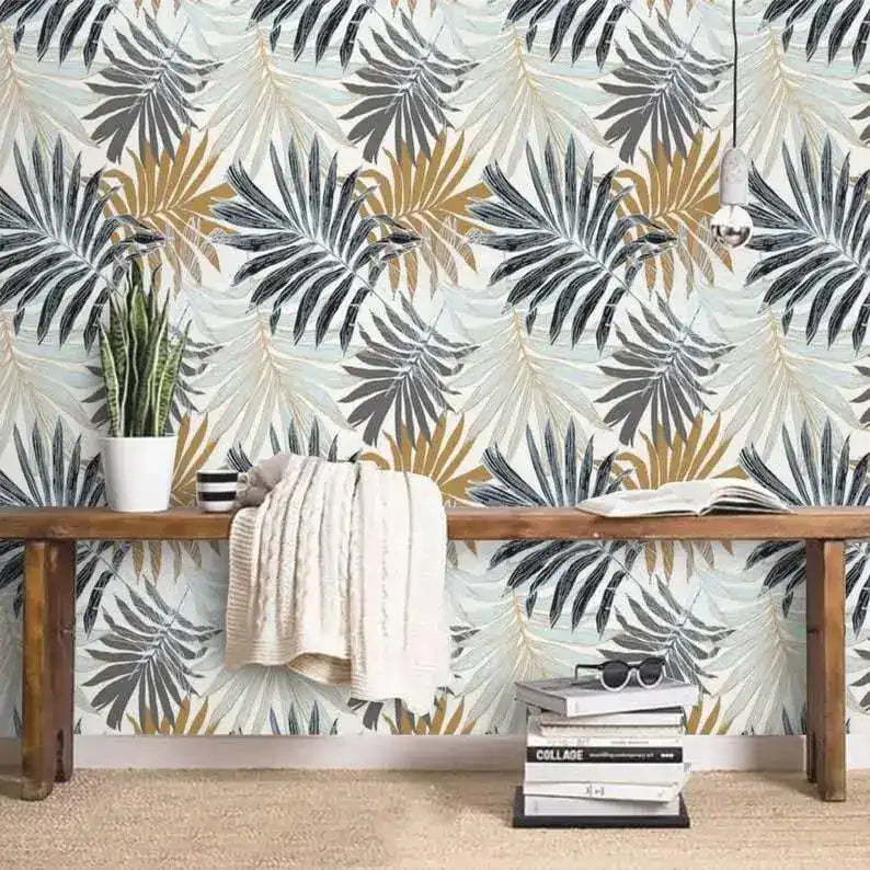 Vintage Oversized Ferns Tropical Leaves Wallpaper