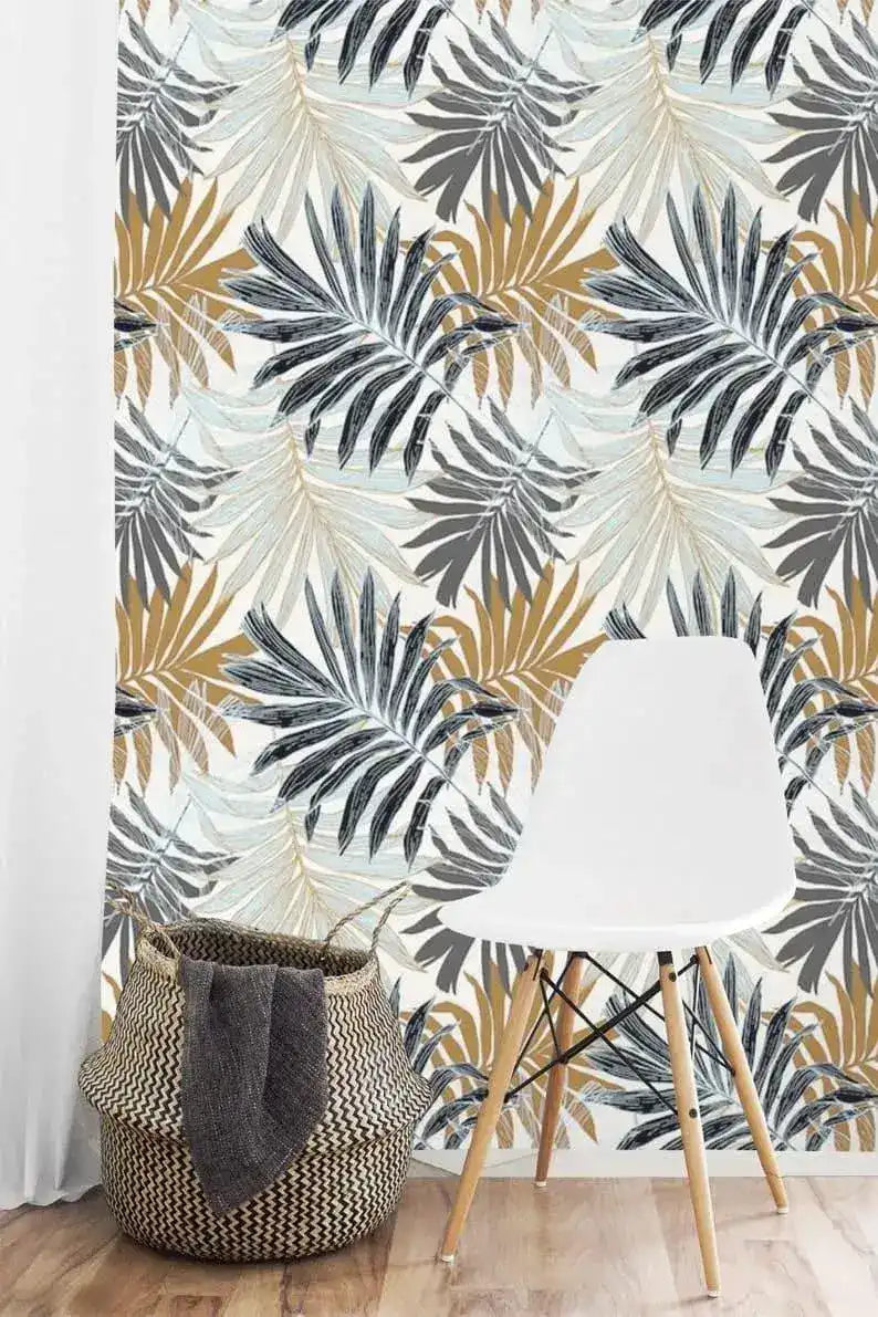 Vintage Oversized Ferns Tropical Leaves Wallpaper
