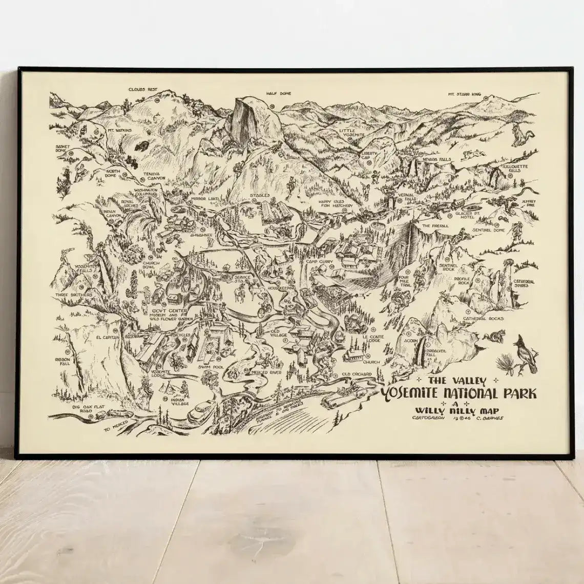 Vintage Yosemite National Park Animated Map Poster Print