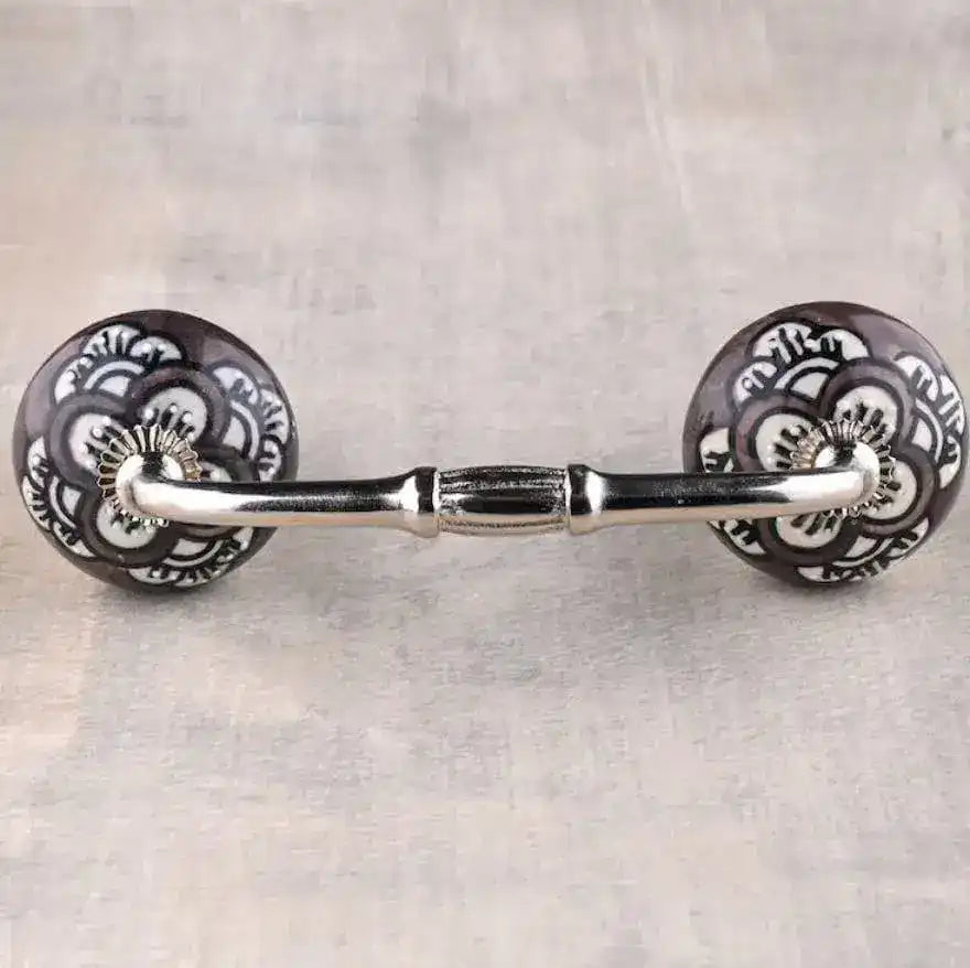 White Floral Brown Ceramic Cabinet Pulls - set of 4