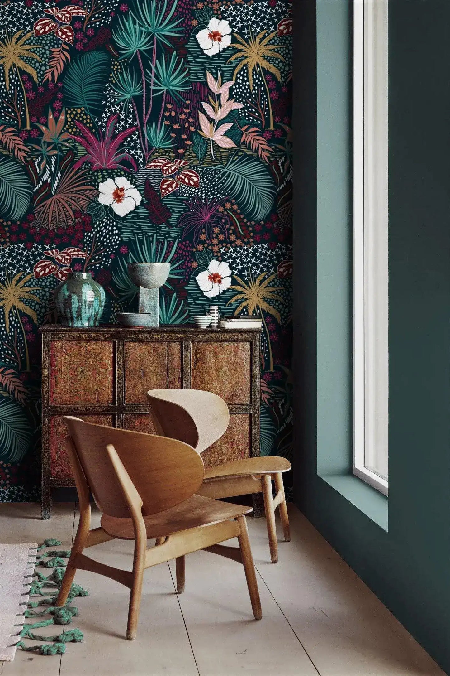 White Floral Colorful Tropical Jungle Wallpaper