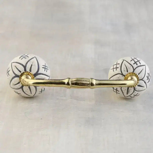 White Floral Round Ceramic Embossed Door Handles