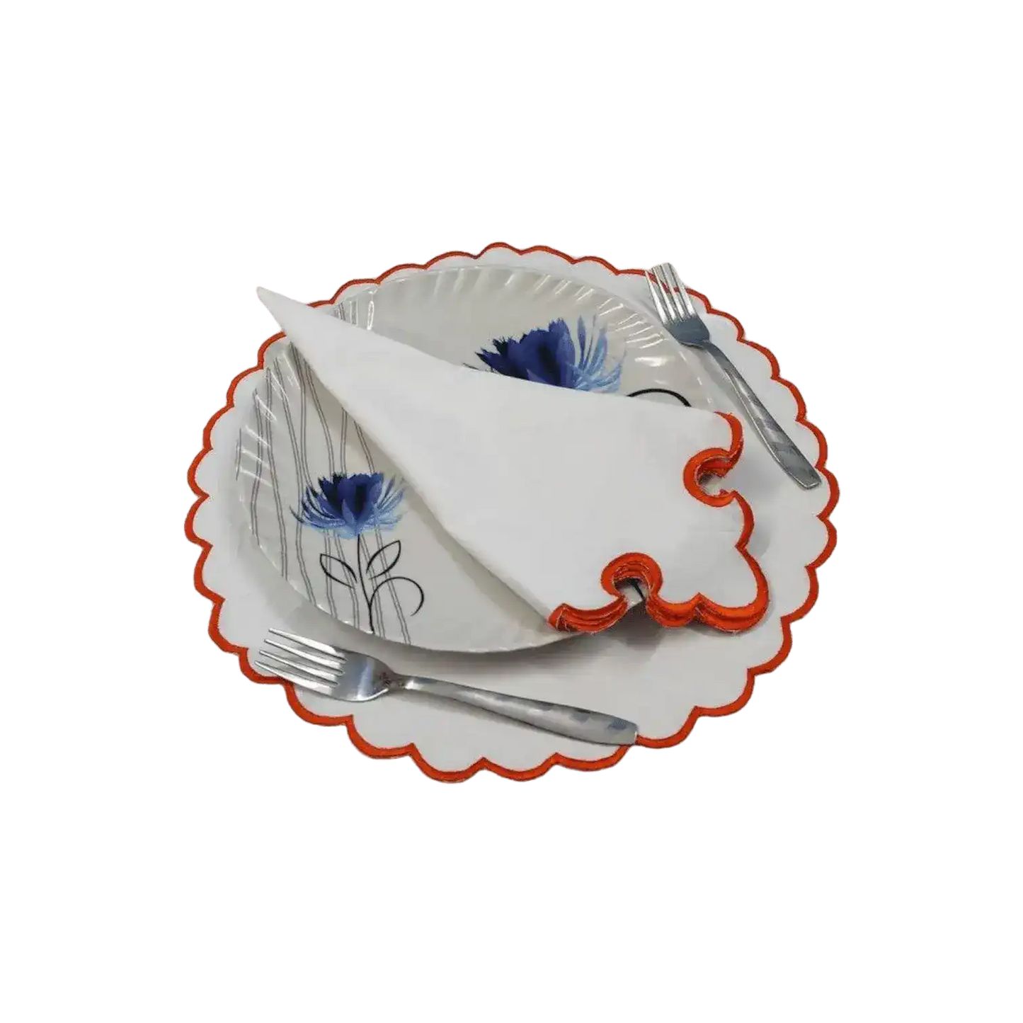 White Round Cotton Placemat and Napkin with Embroidered Border