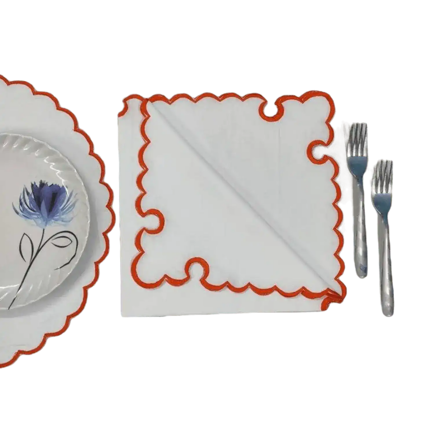 White Round Cotton Placemat and Napkin with Embroidered Border