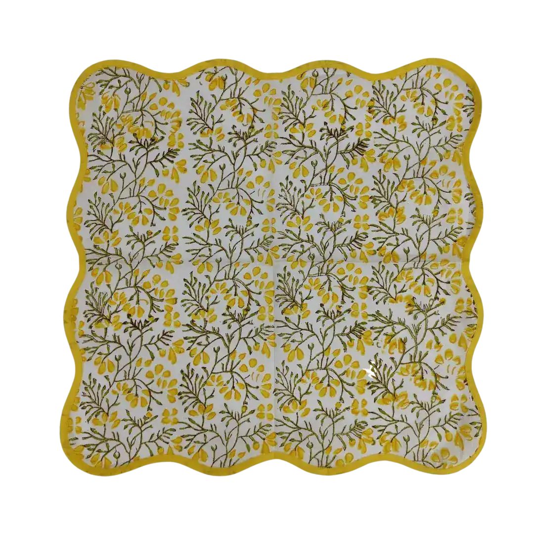 Yellow Floral Block Printed Scalloped Cotton Napkins